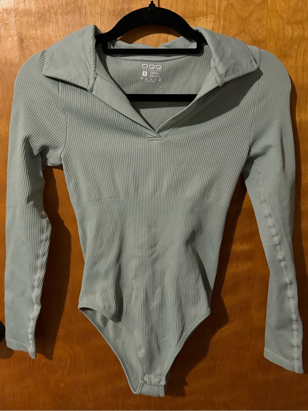 OQQ Sage Green Ribbed Long Sleeve Collared Bodysuit Size Small Stretch